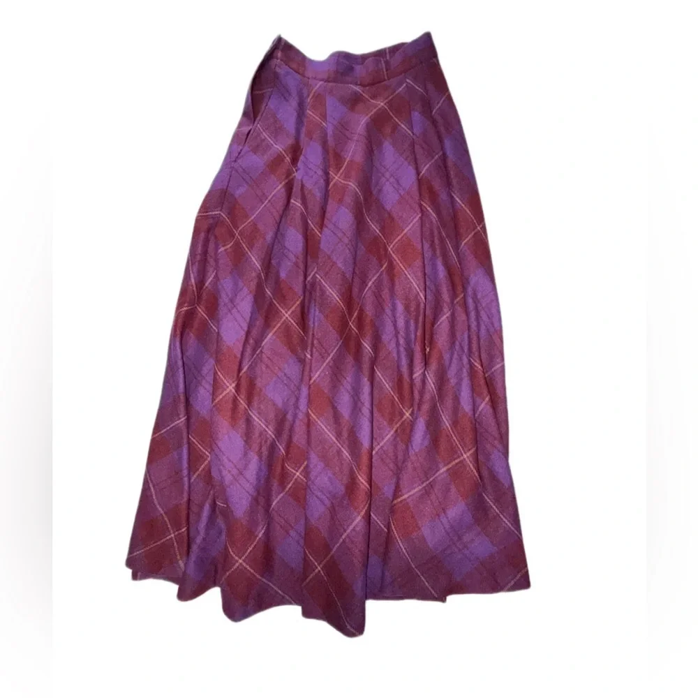 Vintage 1987 Thermo Jac Pleated Wool Plaid Midi Skirt Burgundy Purple Size 6